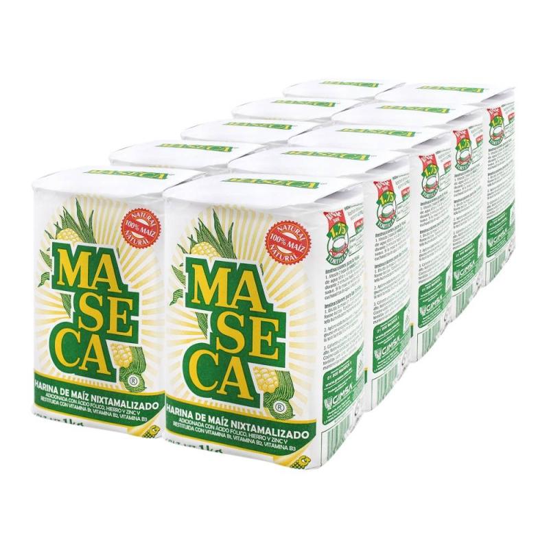 Pack av MASECA, vitt majsmjöl för tortillas. 10kg (10st x 1 kg